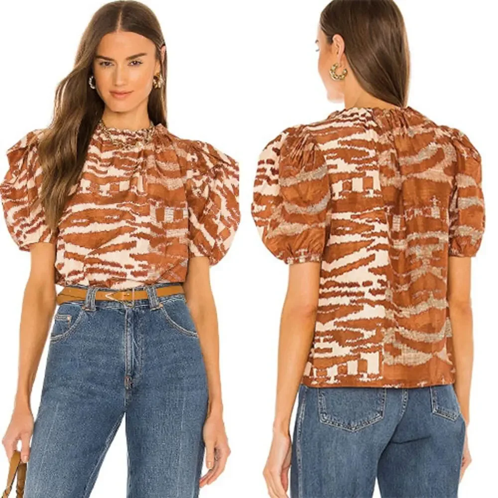 NWT Ulla Johnson Multi Neema Fawn Tige Puffed Short Sleeve Blouse Brown Size: 8